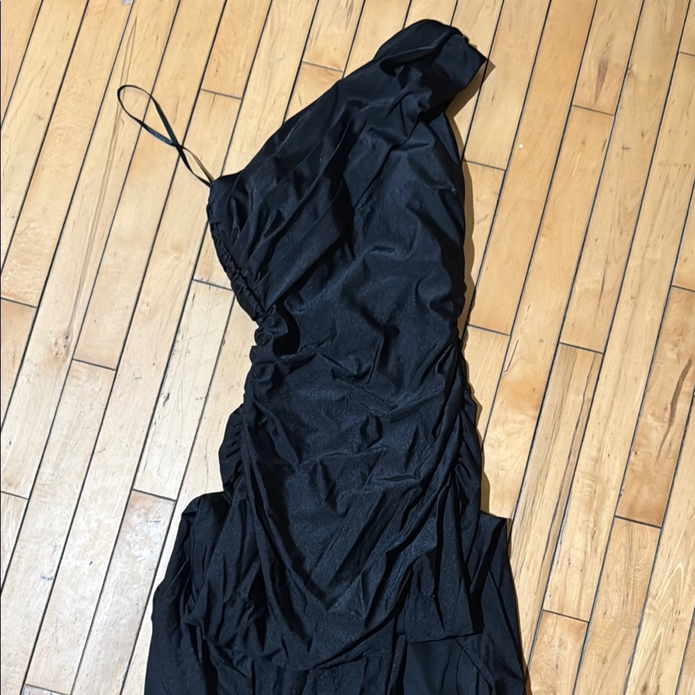 Black Asymmetrical Ruched One Shoulder Cocktail Dress